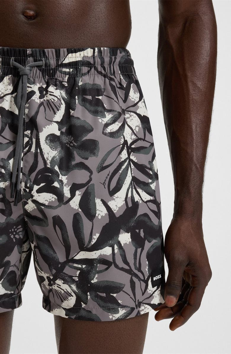 BOSS Pirhana Abstract Floral Swim Trunks, Alternate, color, Open Grey
