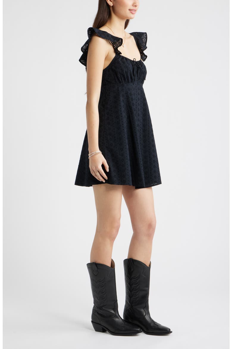 Cotton Eyelet Flutter Sleeve Minidress, Alternate, color, BLACK