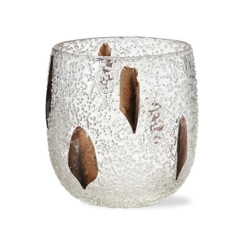 Bubble Glass Pillar Candle Holder with Embedded Feathers