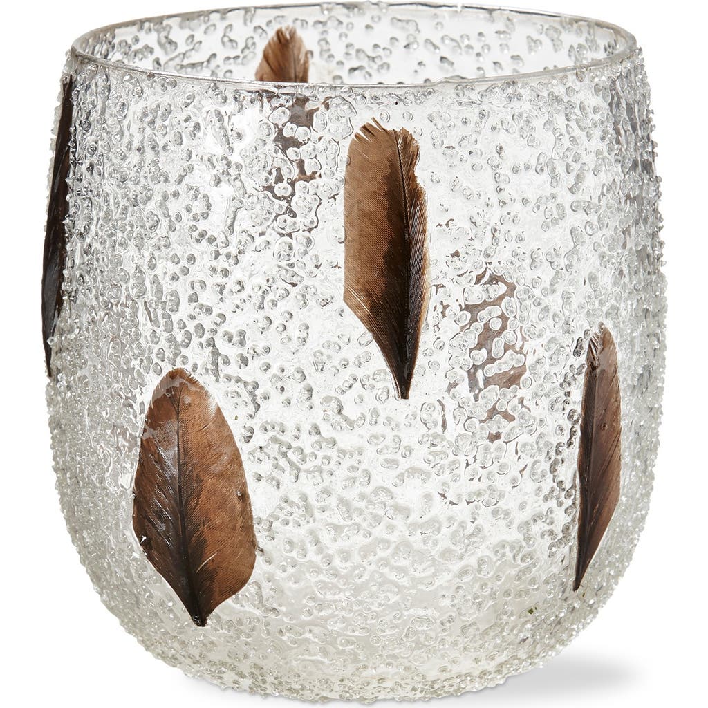 Tag Bubble Glass Pillar Candle Holder With Embedded Feathers In Multi