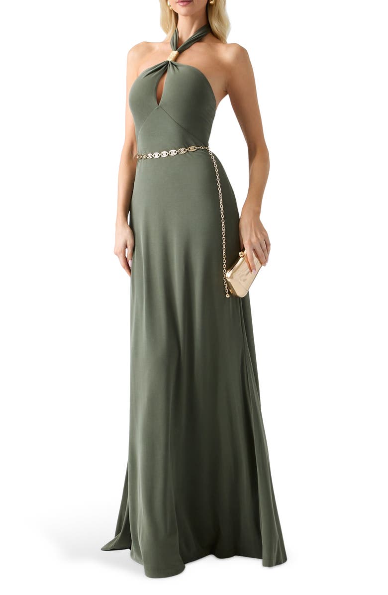 Marciano Soraya Halter Maxi Cocktail Dress, Alternate, color, Dark Olive