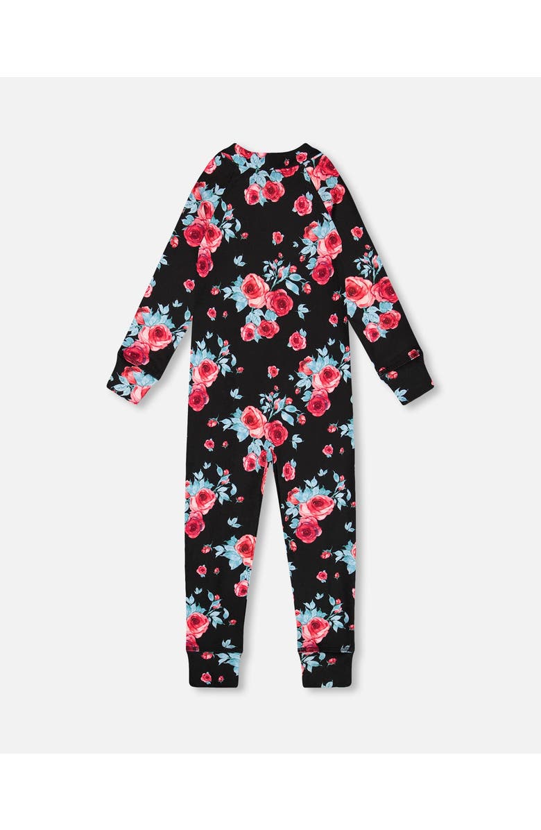Deux par Deux Little Girl's One Piece Thermal Underwear Black Printed Roses, Alternate, color, Printed Roses