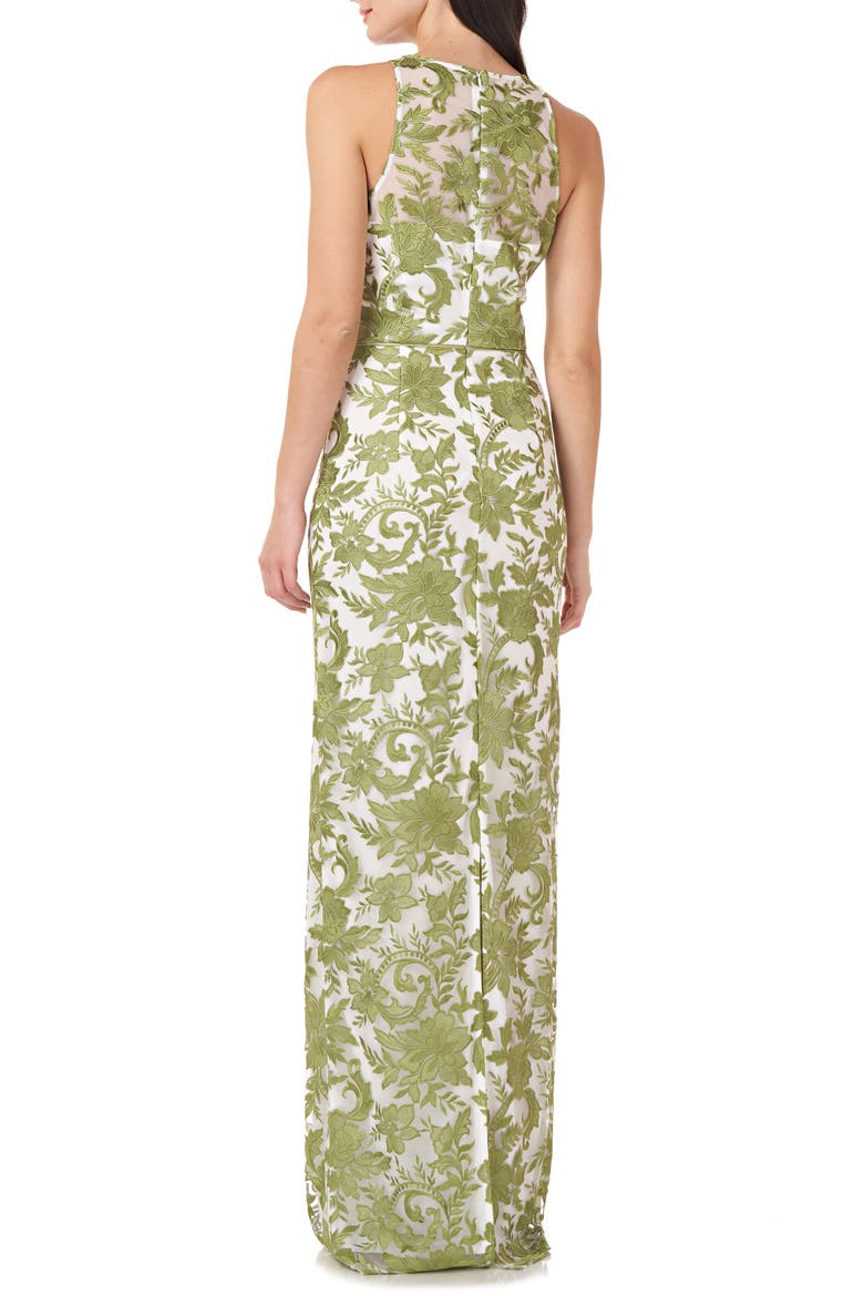 Embroidered Halter Neck Pencil Gown, Alternate, color, JUNIPER/ WHITE