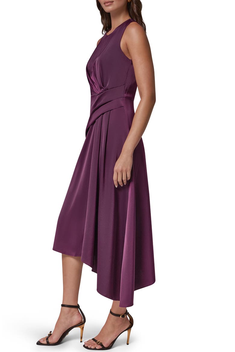 Side Draped Asymmetric Hem Stretch Satin Dress, Alternate, color, PRUNE