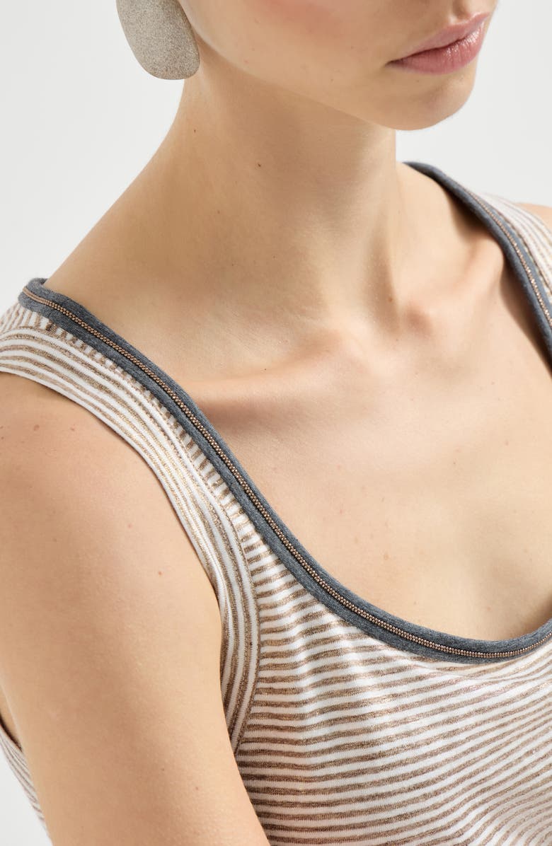 Brunello Cucinelli Striped jersey top with monili, Alternate, color, Brown