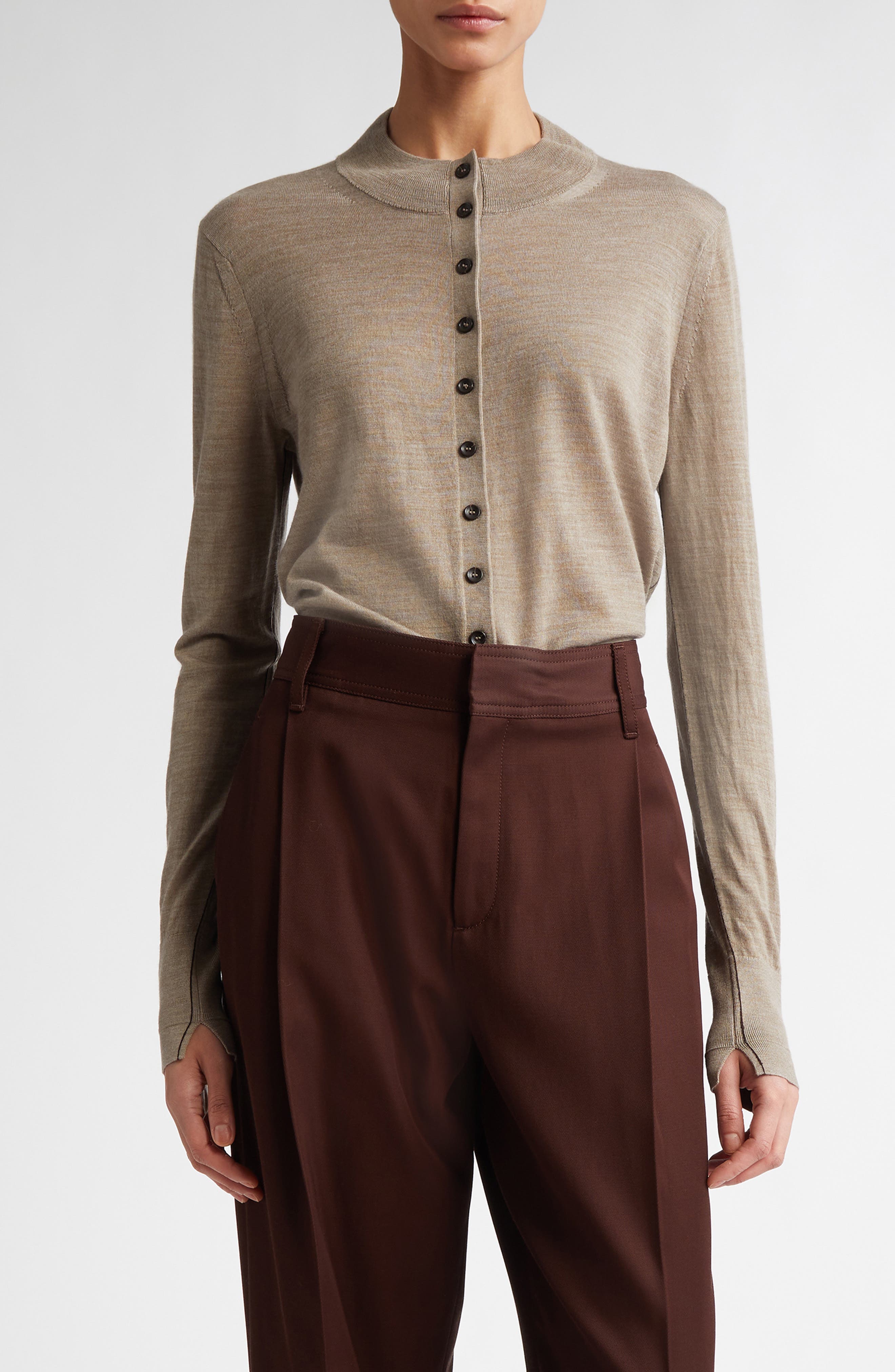 Maria McManus Tiny Button Slim Fit Merino Wool Cardigan in Stone 