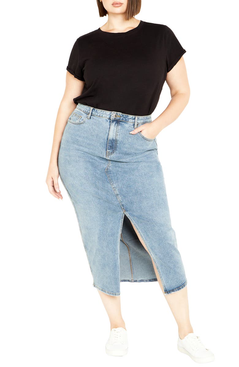 City Chic Oaklyn Front Slit Midi Denim Skirt, Alternate, color, Mid Denim