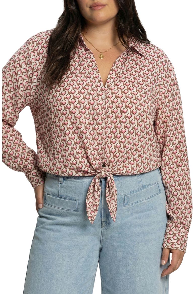 Lover Print Tie Hem Crop Sateen Shirt, Main, color, PETAL GRID PINK