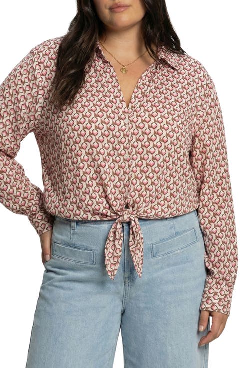 Lover Print Tie Hem Crop Sateen Shirt (Plus)