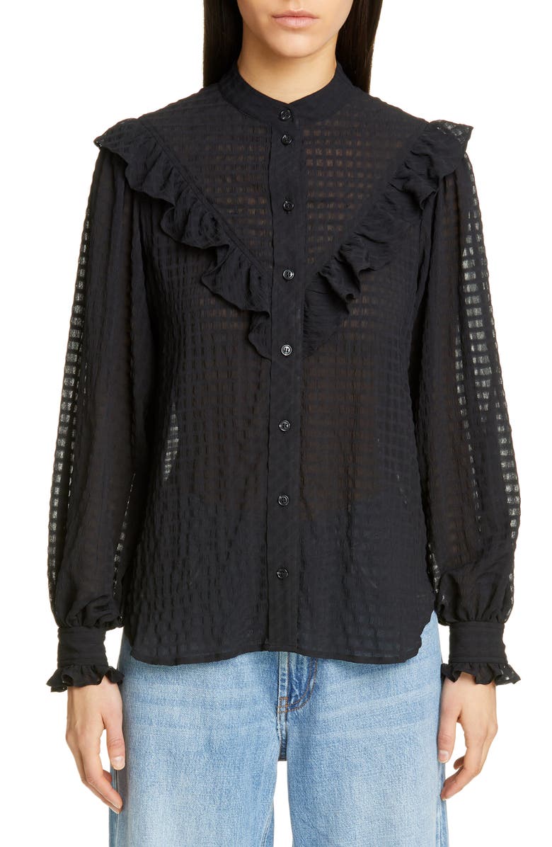 Ganni Ruffle Detail Seersucker Shirt, Main, color,