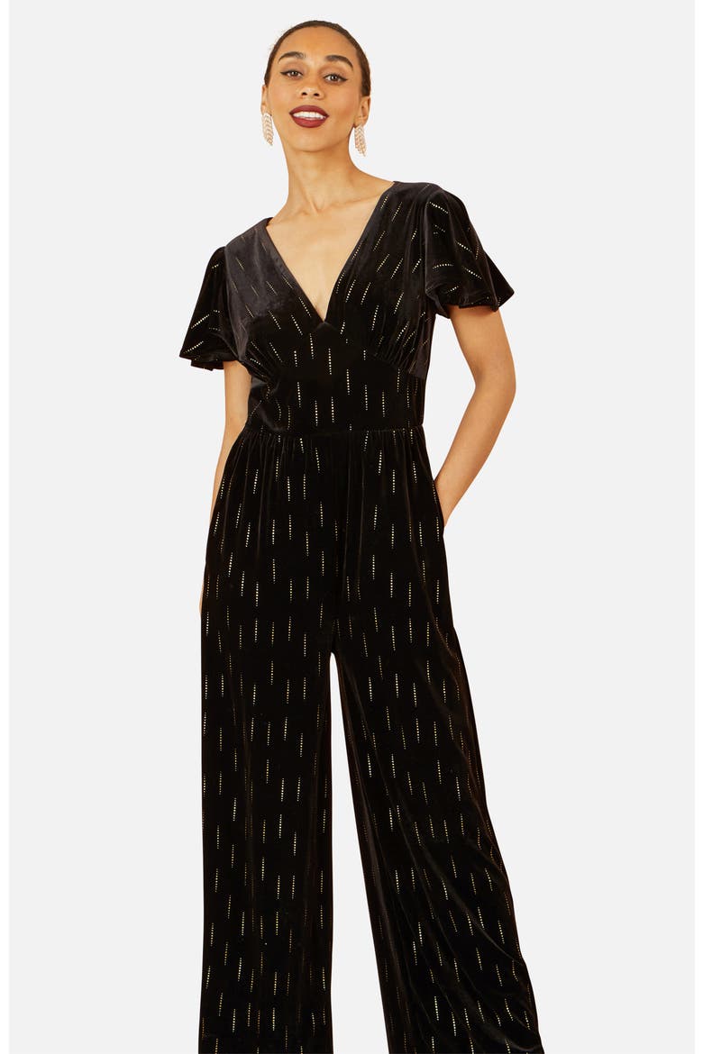 Foil Print Velvet Jumpsuit, Alternate, color, Black