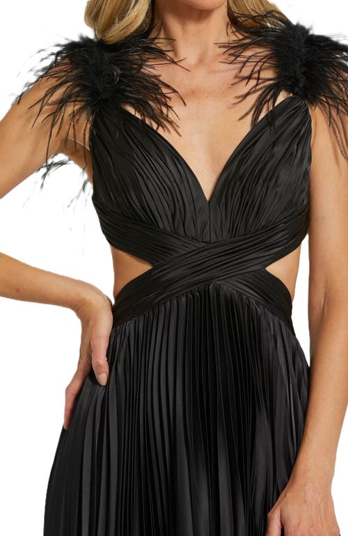 Mac Duggal Feather Detail Cutout Pleated Gown In Black