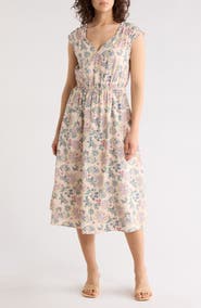 Lucky Brand Floral Cap Sleeve Midi Dress