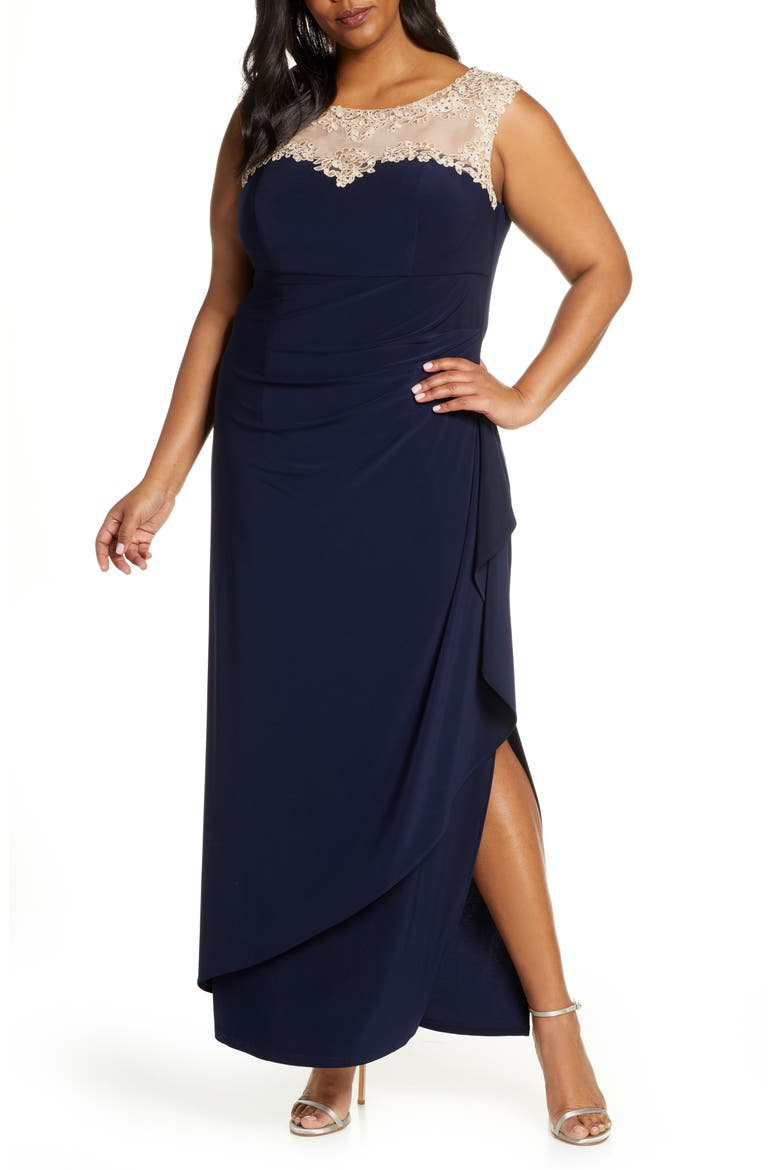 Beaded Lace Neck Evening Dress, Main, color, NAVY/ NUDE