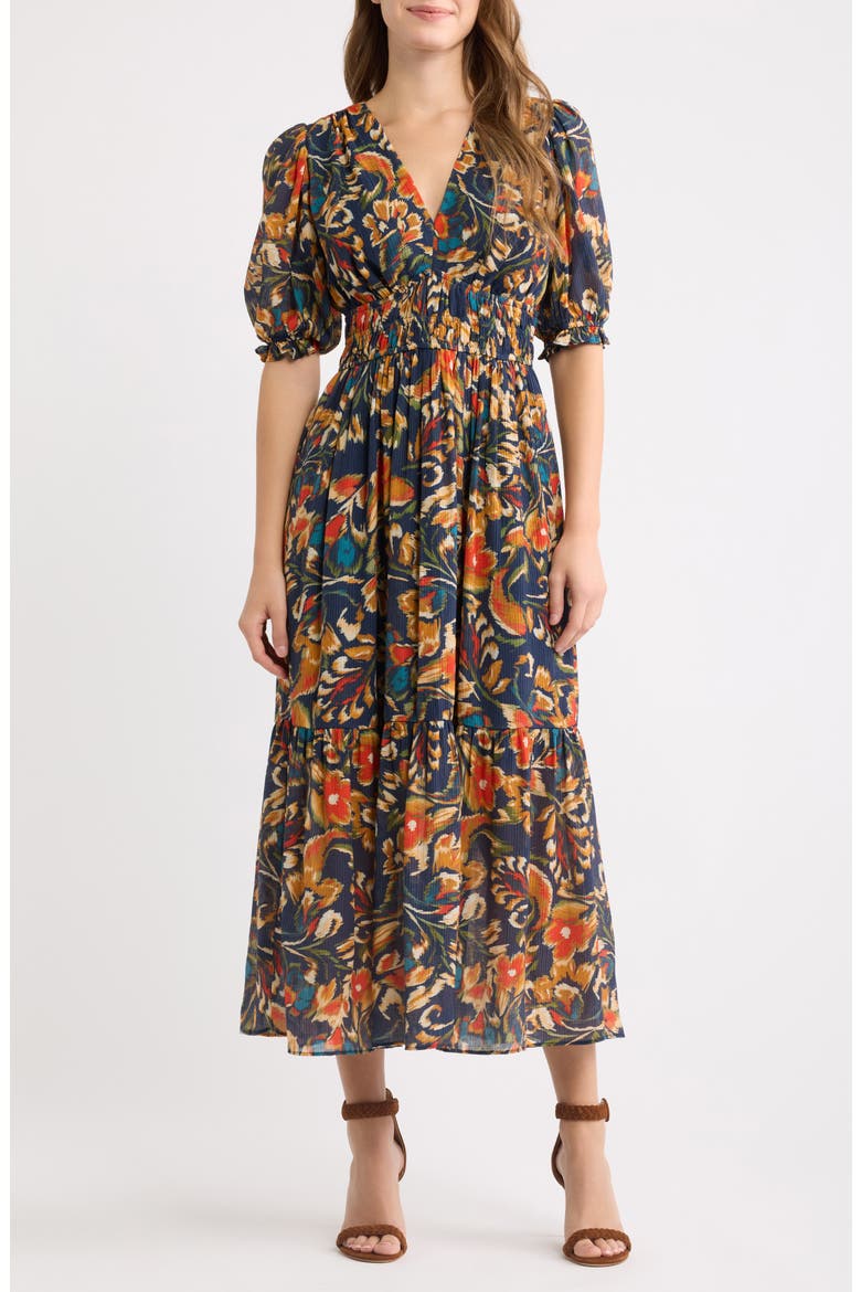 Textured Shirred Maxi Dress, Main, color, NAVY MULTI