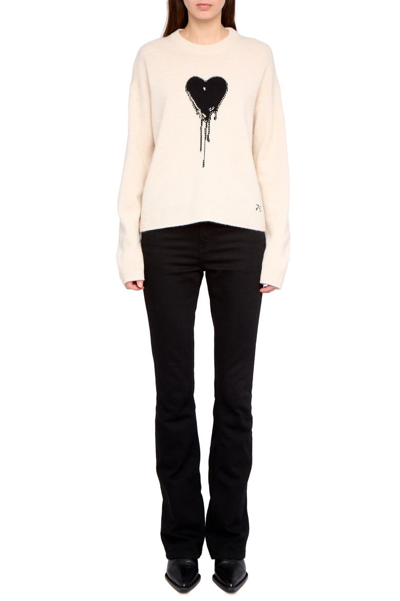 Markuz Embellished Heart Appliqué Cashmere Crewneck Sweater, Alternate, color, EGGSHELL