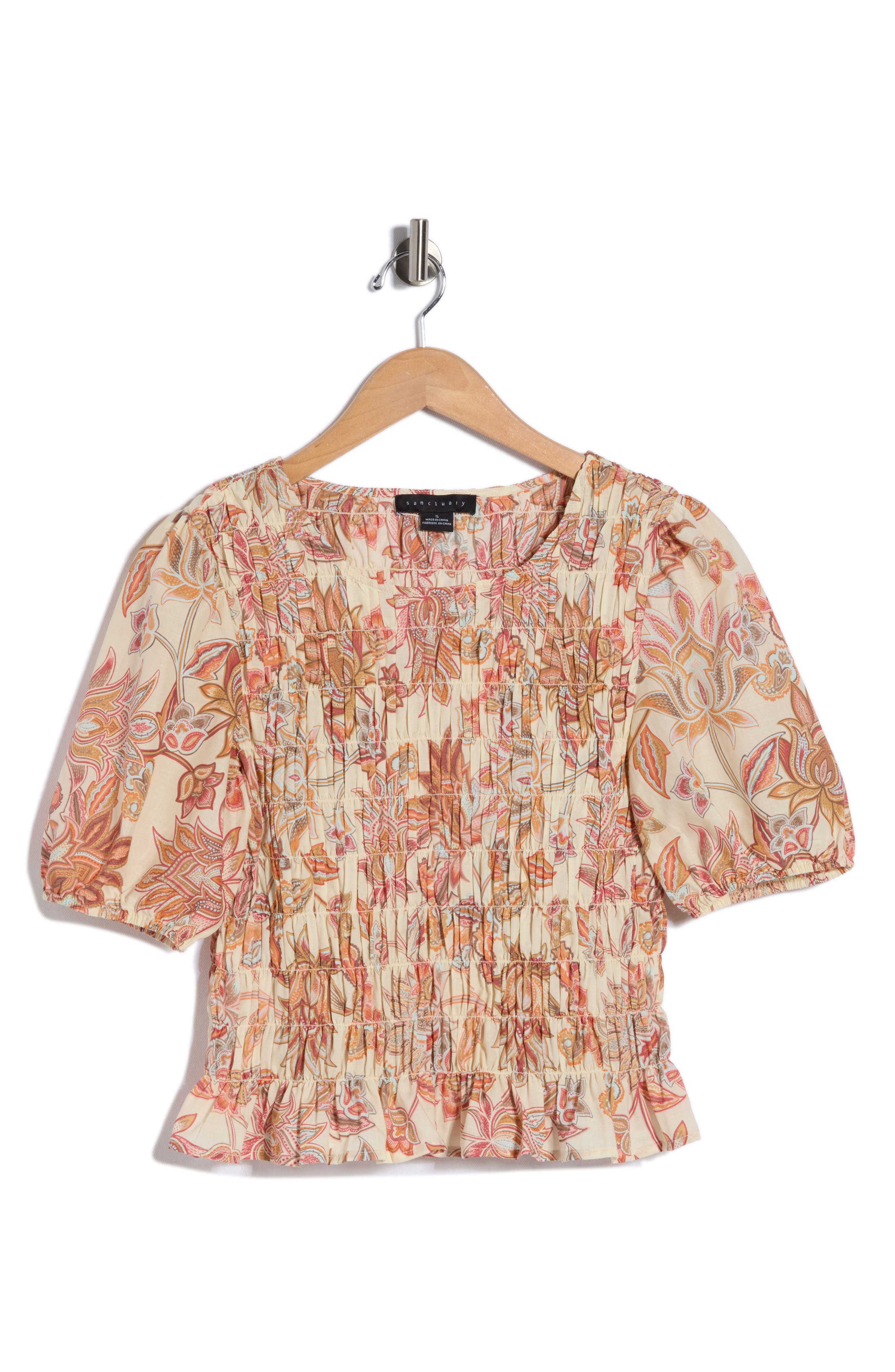 Sanctuary Nanette Paisley Puff Sleeve Smocked Cotton Top