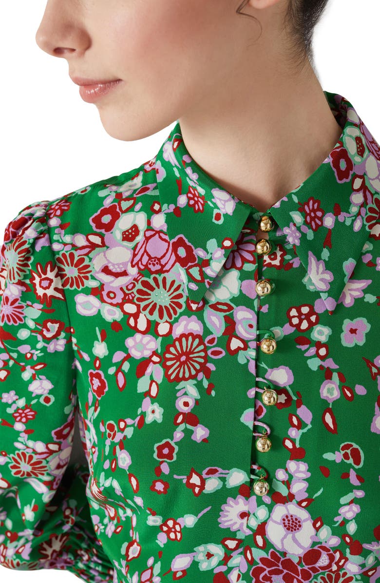 LK Bennett Rita Malachite Floral Print Tie Waist Long Sleeve Silk Shirtdress, Alternate, color,