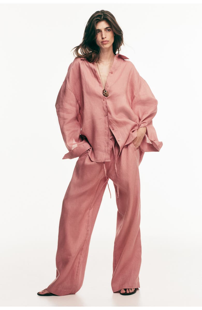 H&M Linen Drawstring Trousers, Alternate, color, Dusty Pink