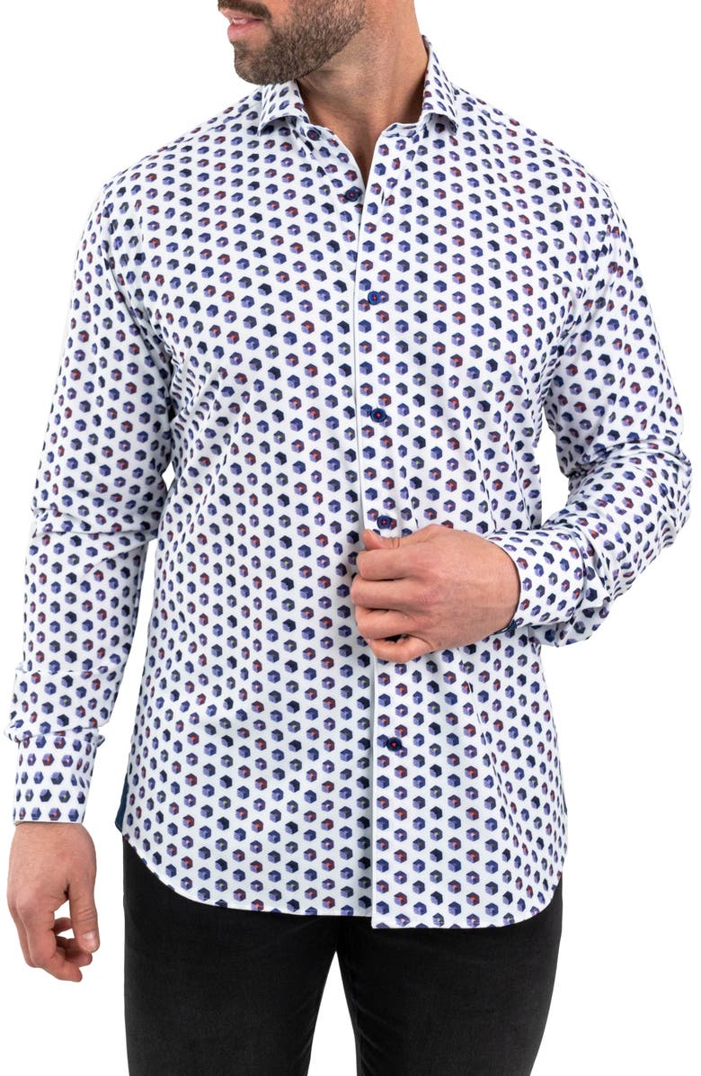 Maceoo Einstein Cuboid Print Stretch Button-Up Shirt, Alternate, color, White