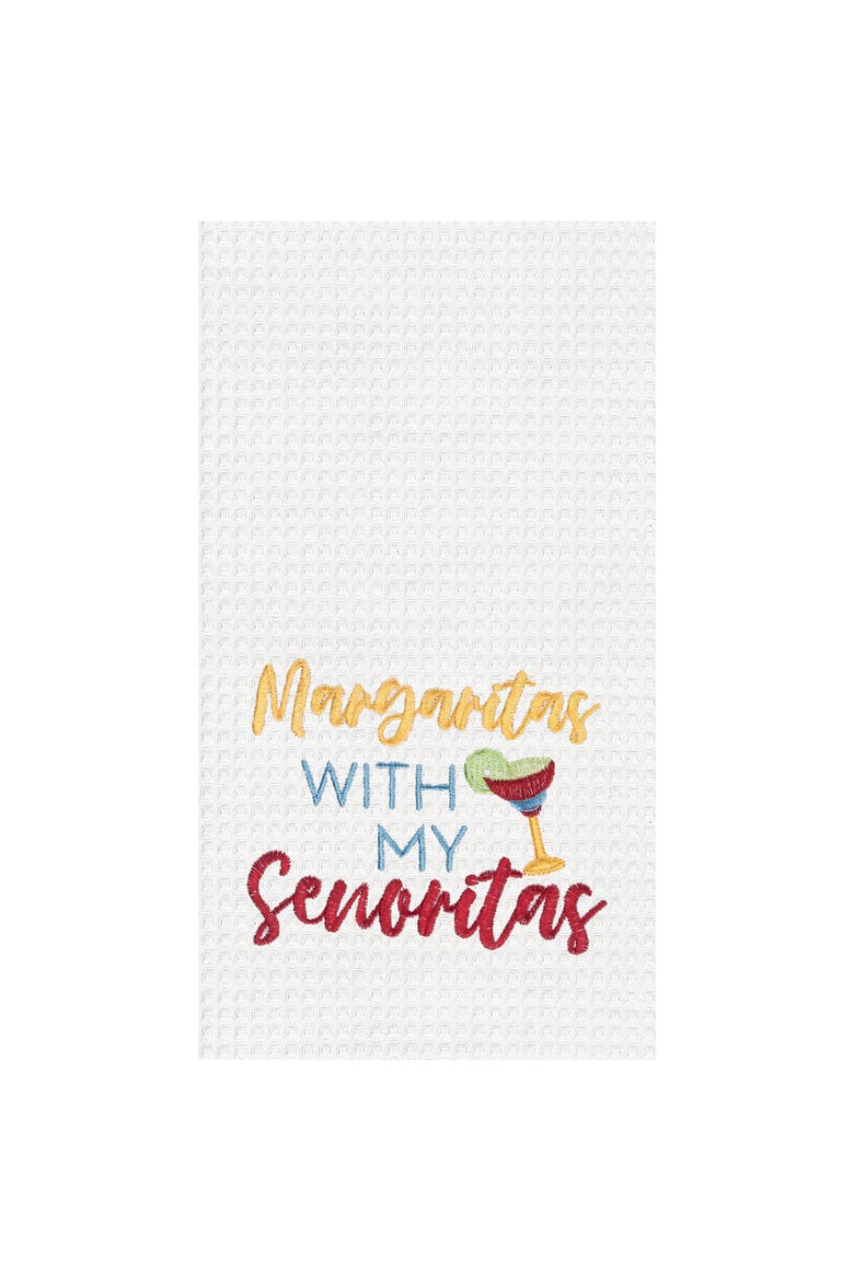 Margaritas With Senoritas Embroidered Cotton Waffle Weave Kitchen Dishtowel, Main, color, White