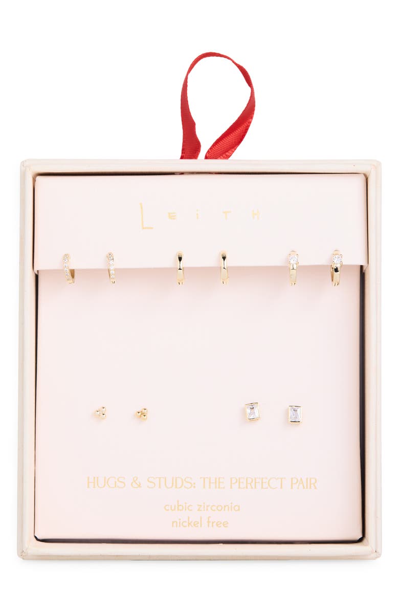 Leith Set of 5 Cubic Zirconia Dot Stud & Hoop Earrings, Main, color, Clear- Gold