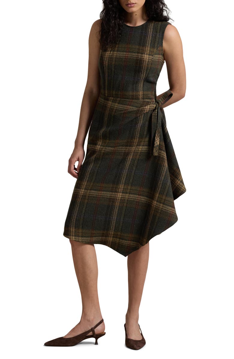 Polo Ralph Lauren Plaid Sleeveless Wool Blend Faux Wrap Dress, Main, color,