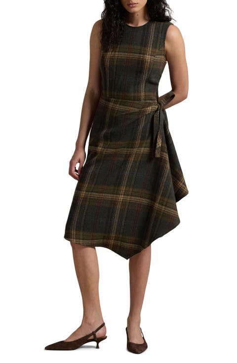 Plaid Sleeveless Wool Blend Faux Wrap Dress
