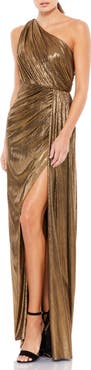 Ieena for Mac Duggal Women's One-Shoulder Metallic Draped Evening Gown