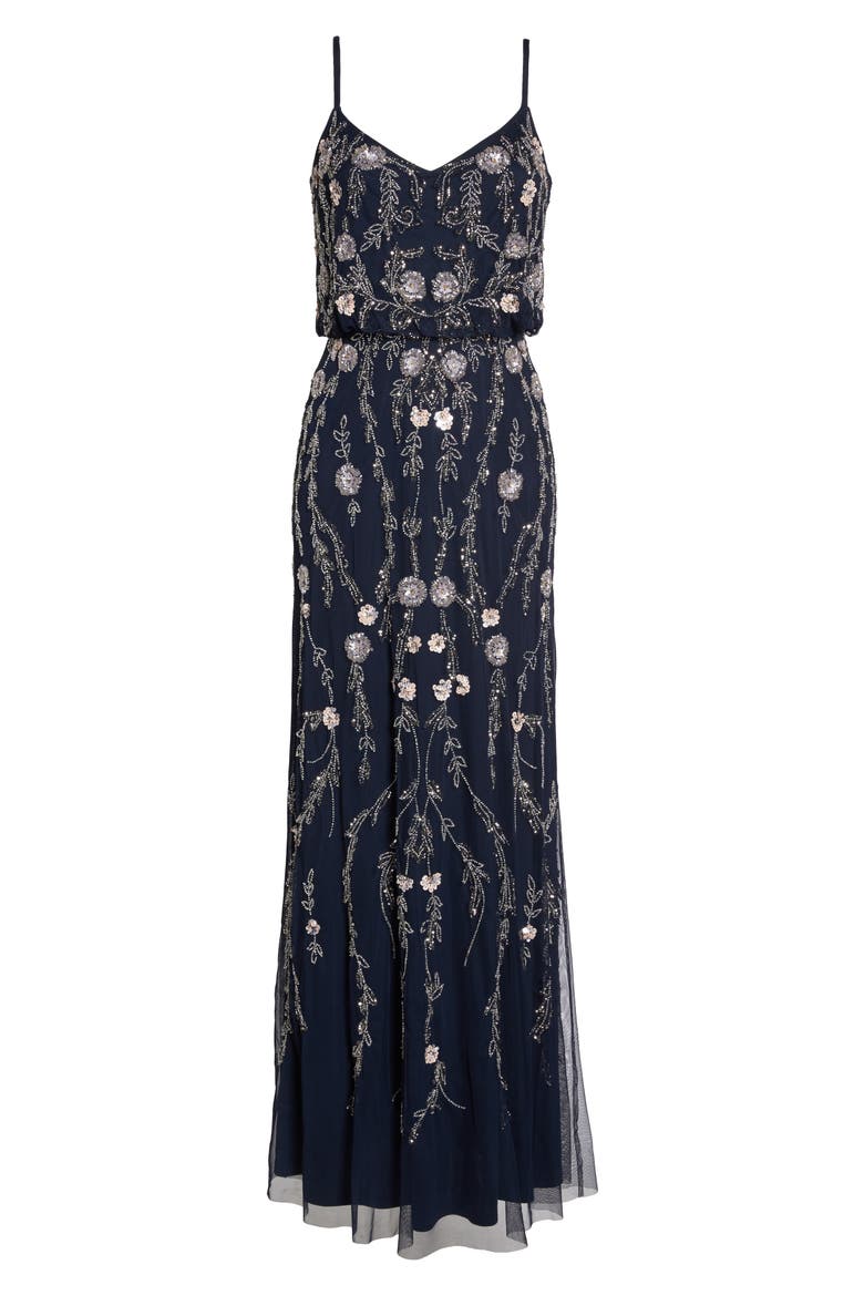 Mesh Blouson Gown, Alternate, color, NAVY MULTI