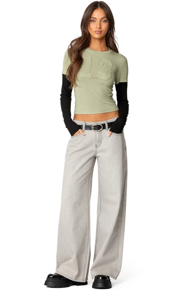 EDIKTED 13 Appliqué Layered Look Long Sleeve T-Shirt, Alternate, color, Olive