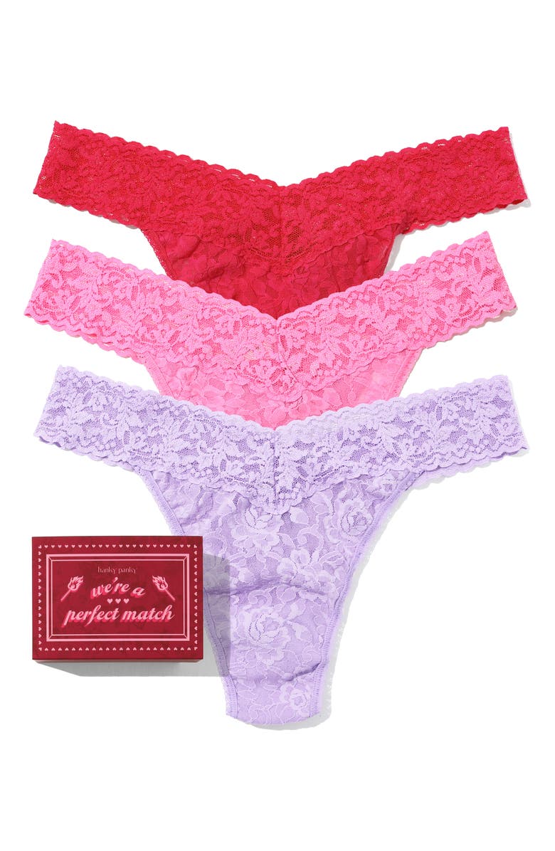 Hanky Panky Matchbox Assorted 3-Pack Original Rise Thongs, Alternate, color, Cool Lavender/ Taffy/ Coral