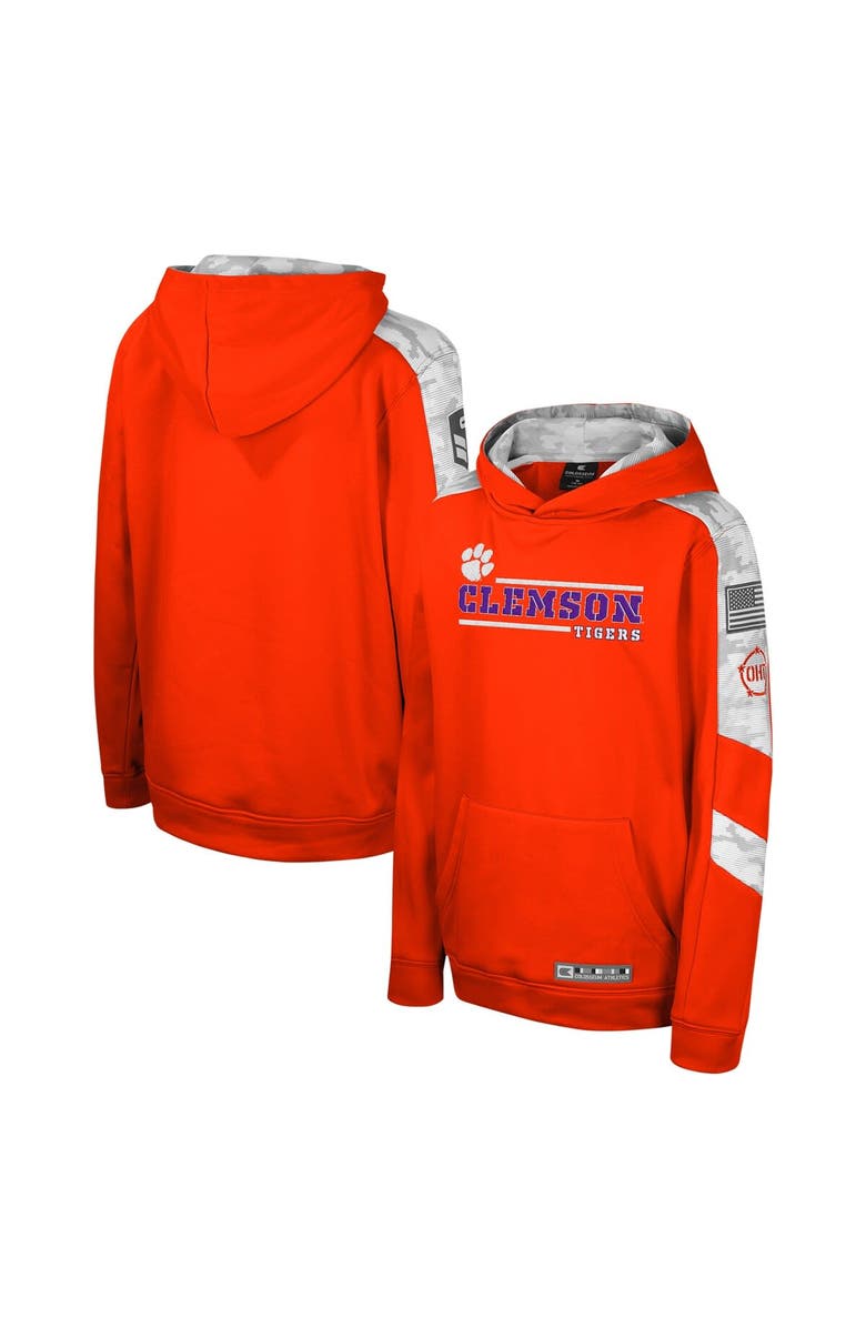 COLOSSEUM Youth Colosseum Orange Clemson Tigers OHT Military Appreciation Cyclone Digital Camo Pullover Hoodie, Main, color,