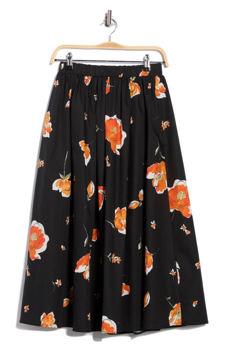 Floral Print Stretch Cotton Midi Skirt, Alternate, color, BLACK