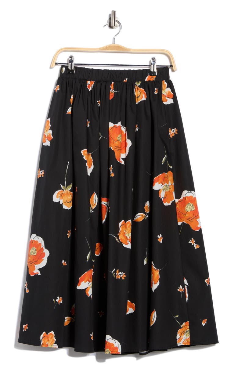 Renee C Floral Print Stretch Cotton Midi Skirt, Alternate, color, Black