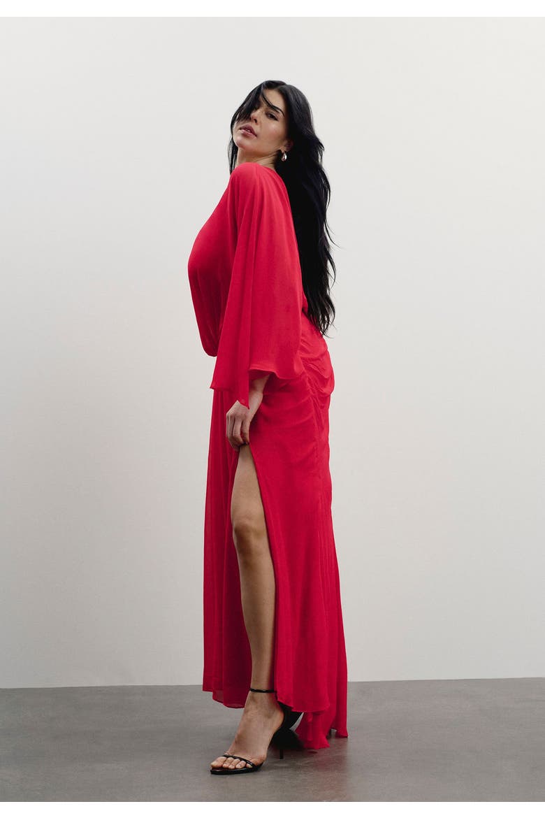 Sheer Draped Gown, Alternate, color, FLAME SCARLET