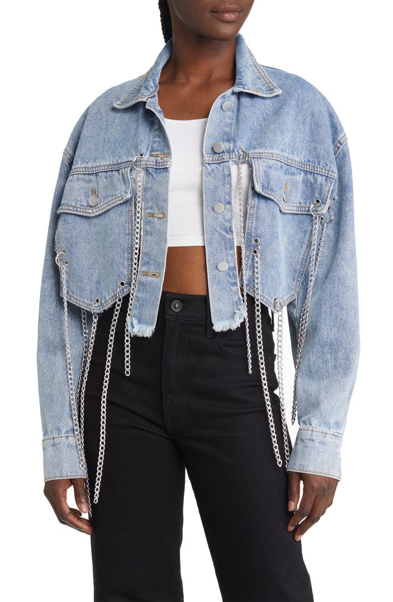 AZALEA WANG Chain Fringe Crop Denim Jacket, Main, color, 