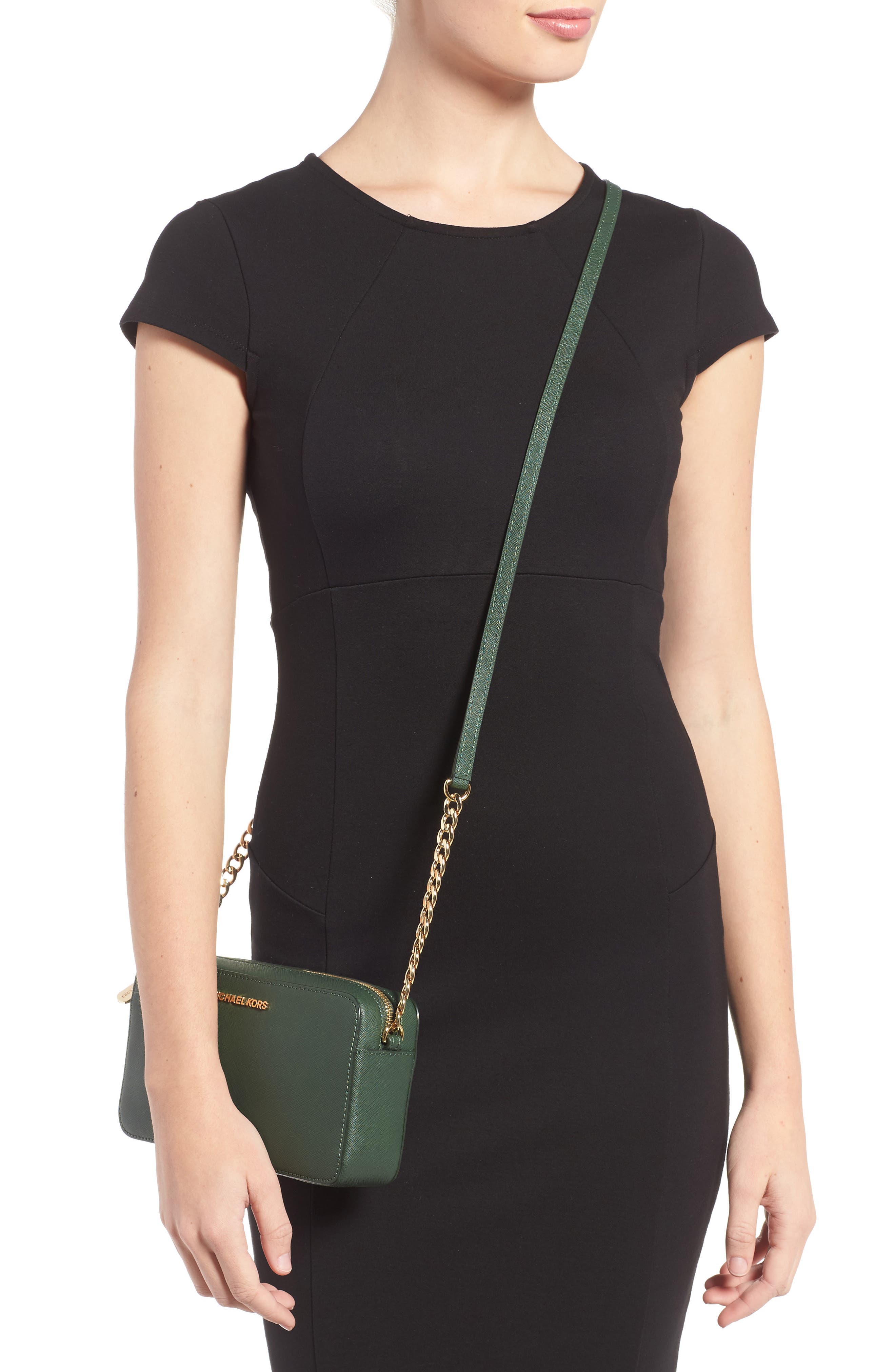 'Medium Jet Set' Saffiano Leather Crossbody Bag, Alternate, color, MOSS/ GOLD