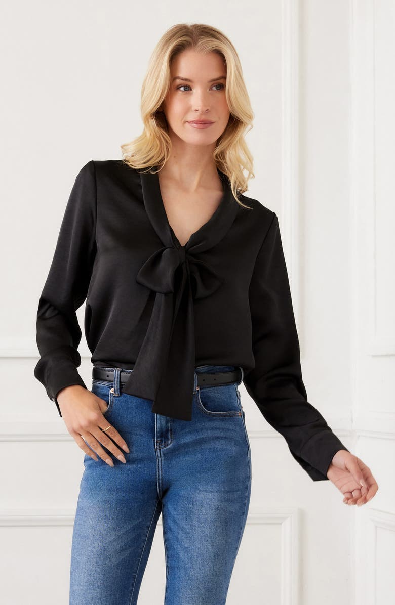 Karen Kane Tie Neck Satin Top, Alternate, color, Black