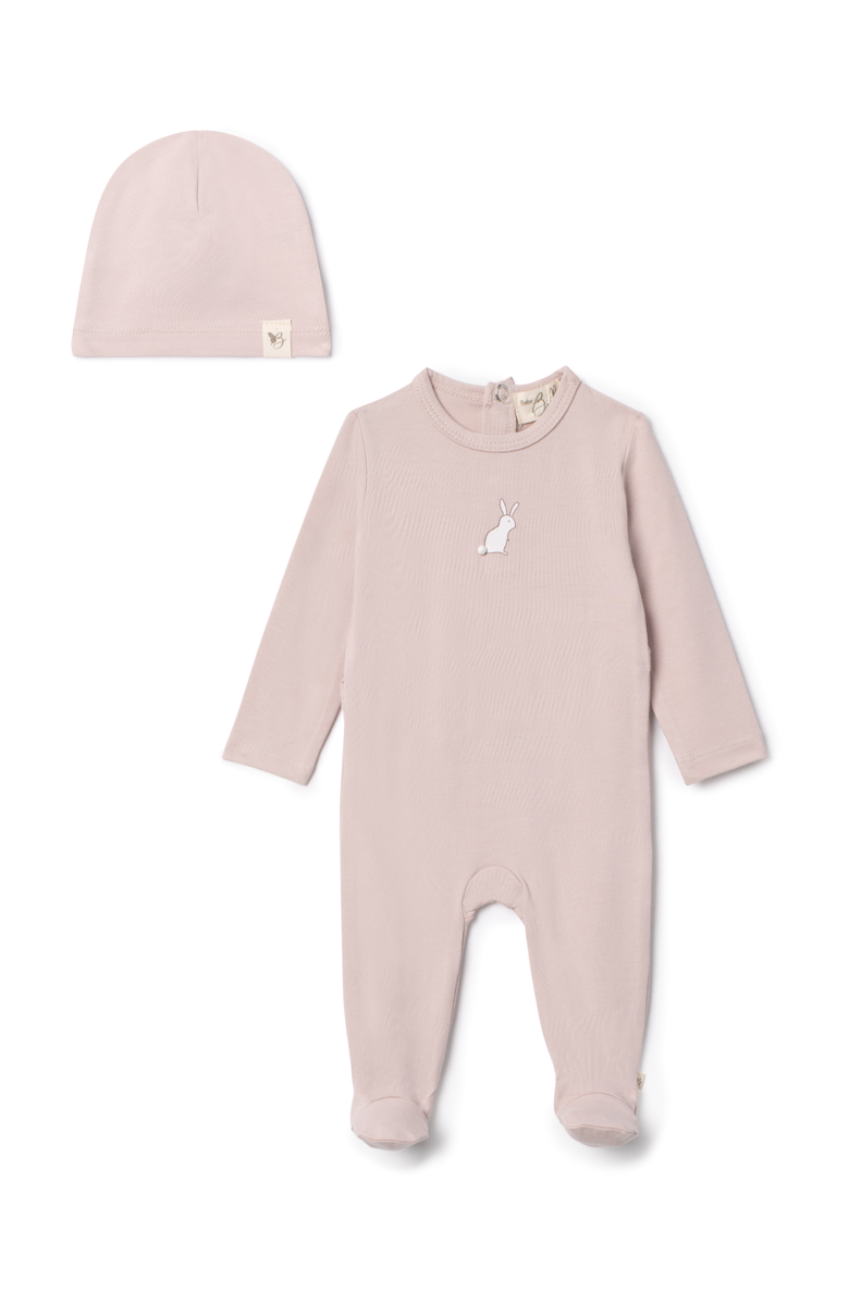Bebe Bella Girl Bunny Print Modal Jersey Romper with Matching Hat, Main, color, Primrose