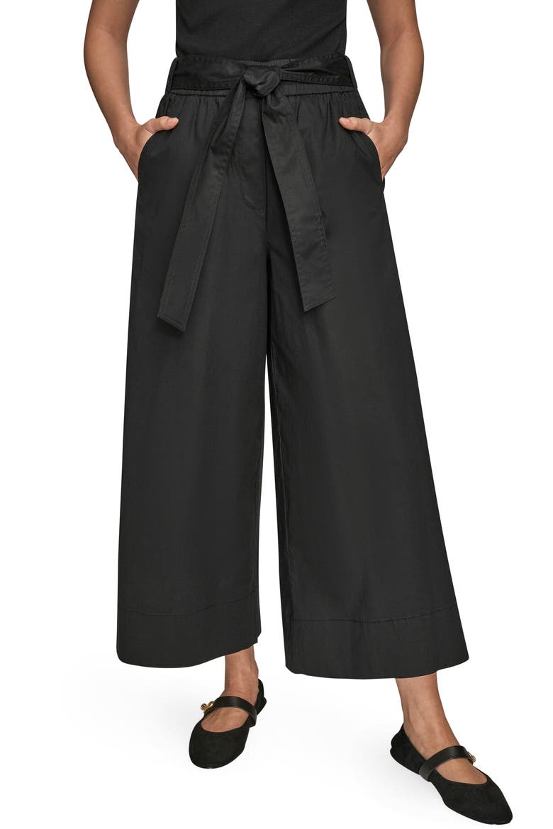 Mid Rise Wide Leg Crop Stretch Cotton Pants, Main, color, BLACK