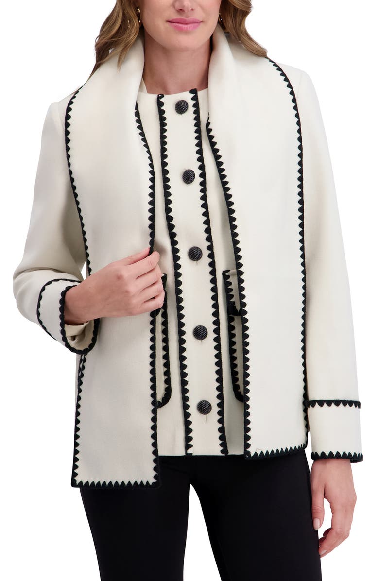 Kensie Whipstitch Detail Coat with Attached Scarf, Alternate, color, Ivory