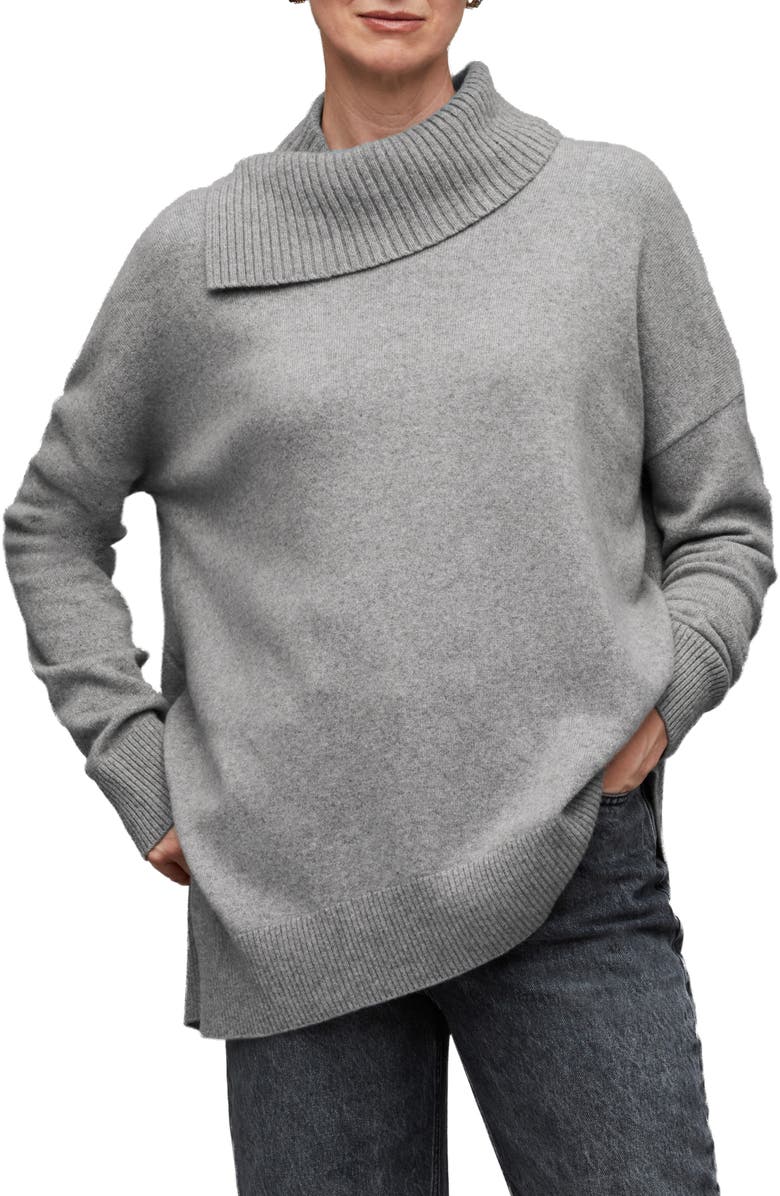 AllSaints Whitby Cashere & Wool Asymmetric Turtleneck Sweater, Main, color, Mid Grey Marl