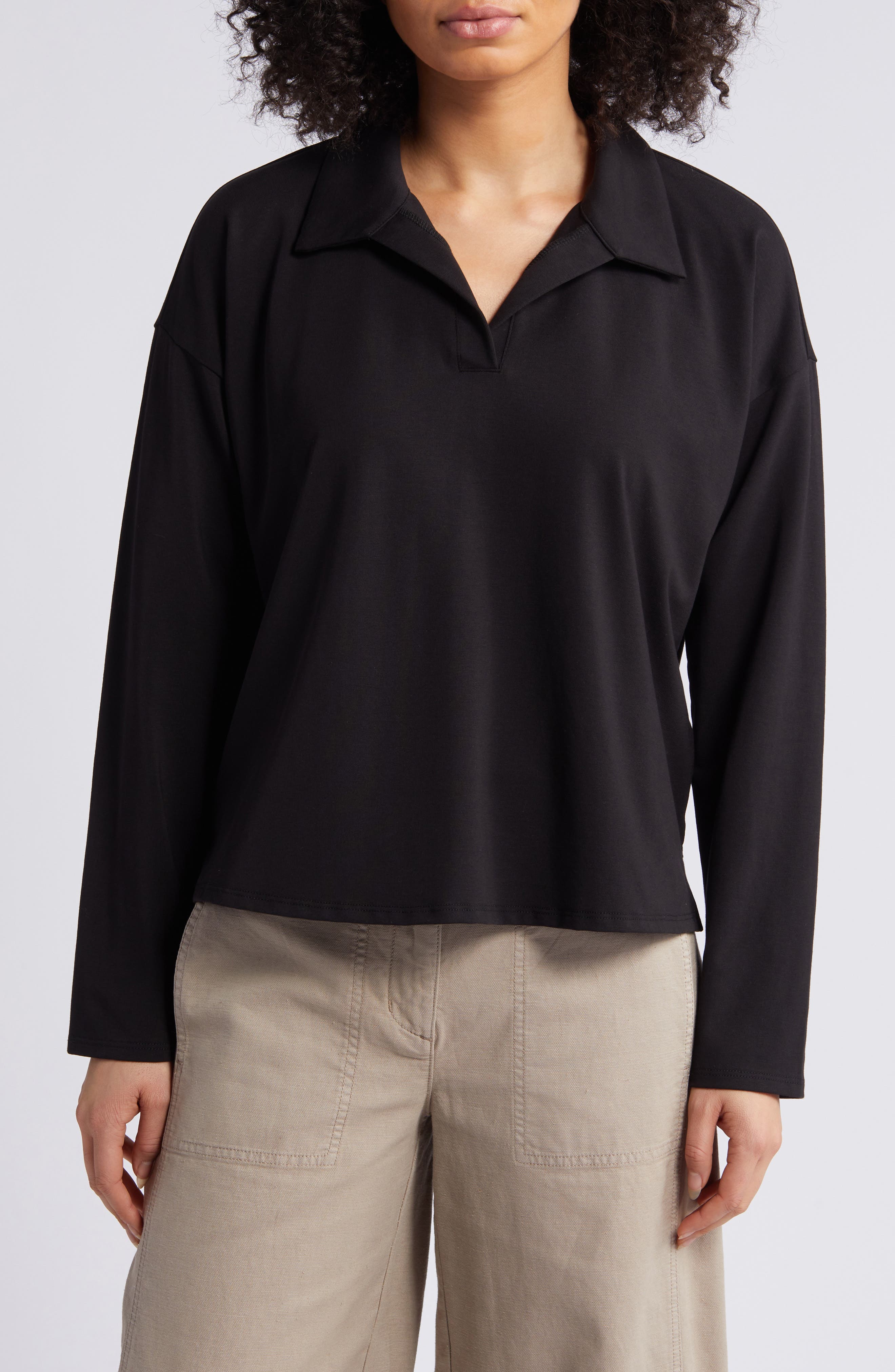 Boxy Long Sleeve Johnny Collar Top