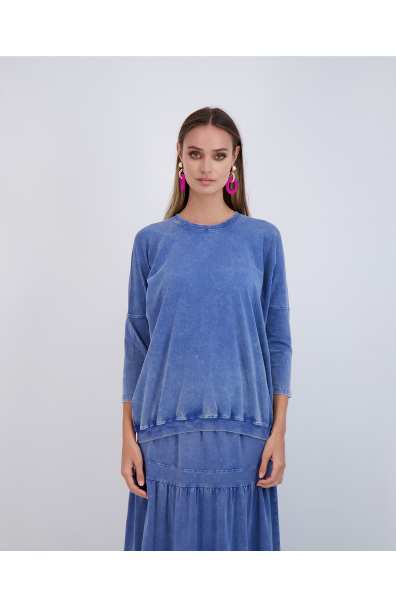 QEW Denim Wash Ribbed Band 3/4 Sleeve Top, Alternate, color, Light Denim Wash