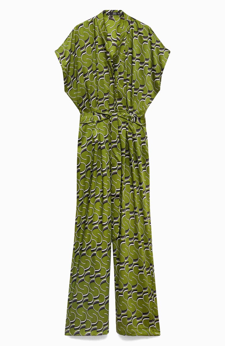 MANGO Geo Print Belted Satin Jumpsuit, Alternate, color, 
