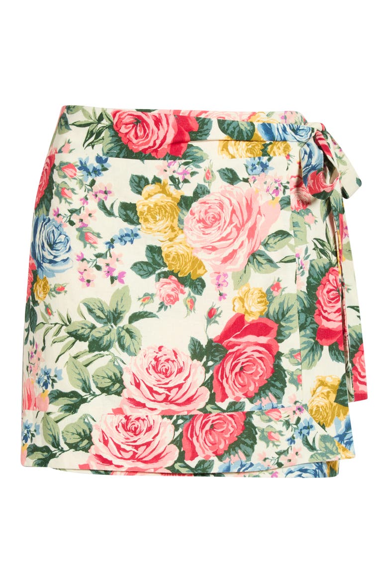 Amelia Floral Linen Blend Wrap Miniskirt, Alternate, color, IVORY ROSES