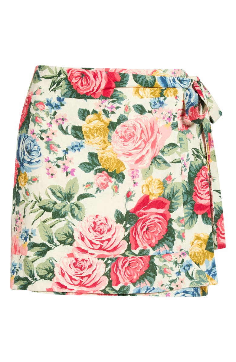 WAYF Amelia Floral Linen Blend Wrap Miniskirt, Main, color, Ivory Roses