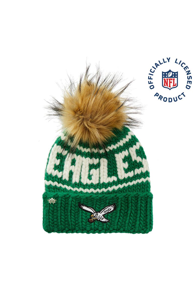 Lele Sadoughi Kelly Green Retro Eagles Beanie With Faux Fur Pom, Main, color,