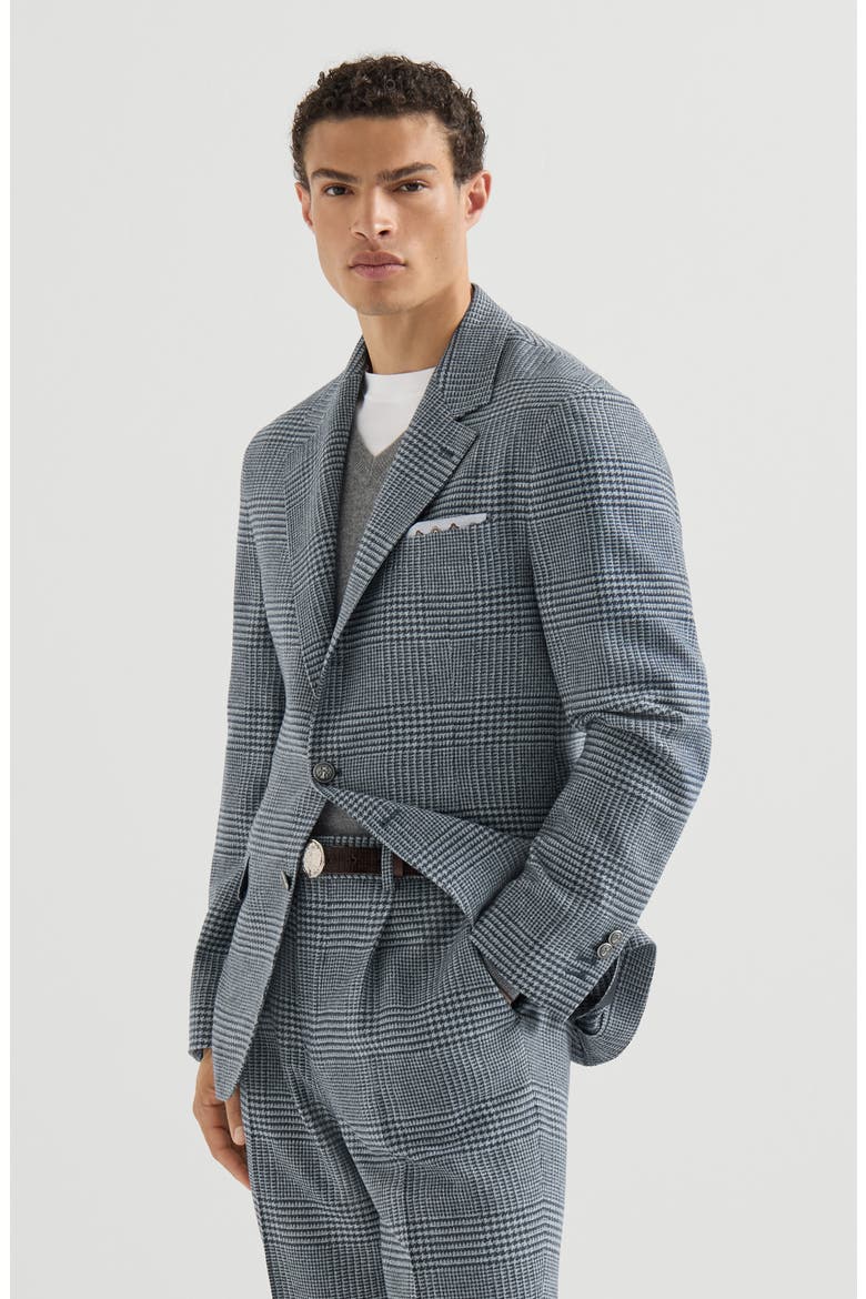 Comfort wool and cashmere Prince of Wales flannel deconstructed blazer with metal buttons, Main, color, Cerulean